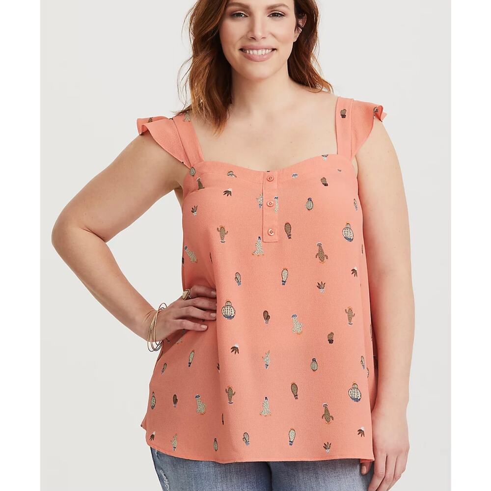 Torrid Coral Pink Cactus Print Button Down Cap Sleeve Tank‎ Top Plus Size 0X